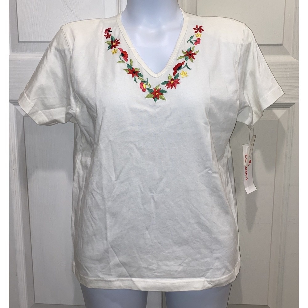 LizSport White V Neck Embroidered Floral T Shirt Shoulder Pads Vintage NWT S